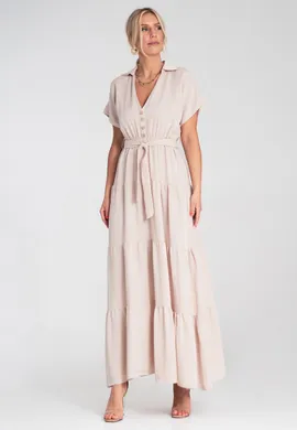 Letnia sukienka maxi - Sukienka z kołnierzykiem i falbankami - Beżowa M1195 r. L/XL