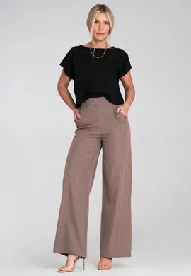 Szerokie spodnie z gumką w pasie - Garniturowe spodnie damskie - Brązowe M1197 r. L/XL