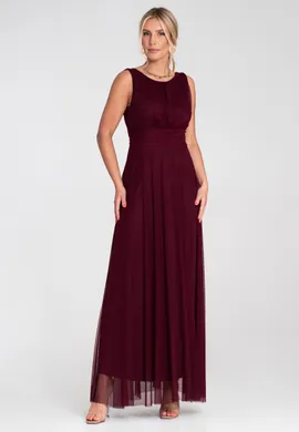 Wieczorowa sukienka maxi bez rękawów - Sukienka z siatki - Bordowa M1205 r. L/XL