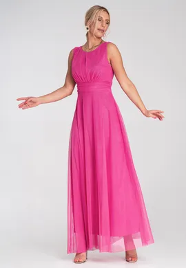 Wieczorowa sukienka maxi bez rękawów - Sukienka z siatki - Fuksja M1205 r. L/XL