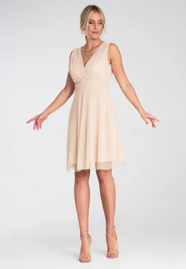 Elegancka sukienka wieczorowa - Koktajlowa sukienka z siatki - Beżowa M1207 r. L/XL