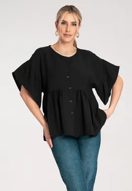 Bluzka z falbankami - Bluzka koszulowa damska - Czarna bluzka M1211 r. L/XL