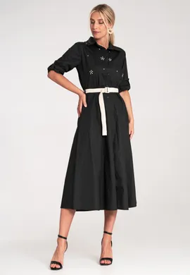 Sukienka z cyrkoniami - Koszulowa sukienka midi - Czarna sukienka M1215 r. L/XL