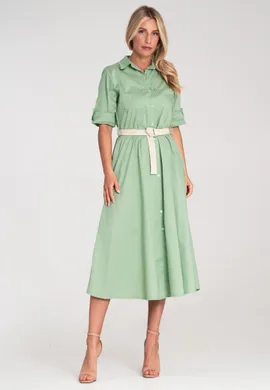 Sukienka z cyrkoniami - Koszulowa sukienka midi - Zielona sukienka M1215 r. L/XL