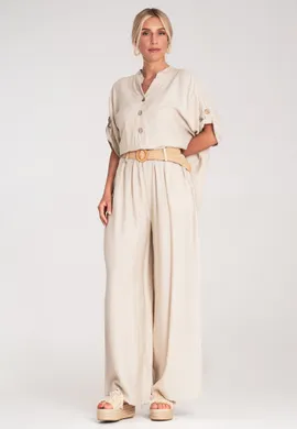 Komplet szerokie spodnie i bluzka - Komplet dwuczęściowy damski - Beżowy  M1220 r. L/XL