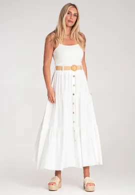 Spódnica z guzikami z przodu - Letnia spódnica maxi - Biała M1222 r. L/XL