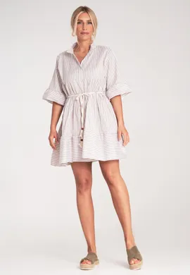 Sukienka w paski - Sukienka z szerokimi rękawami - Beżowa sukienka M1223 r. L/XL