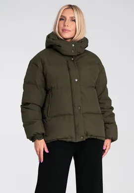 Kurtka puchowa damska z kapturem - Oliwkowa kurtka damska M1229 r. L