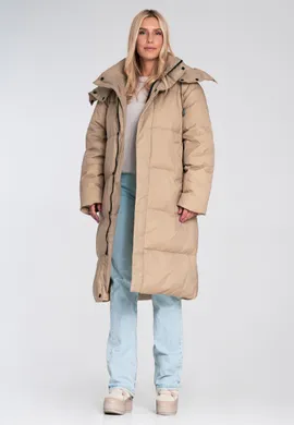 Długa puchowa kurtka damska - Beżowa kurtka damska M1230 r. L
