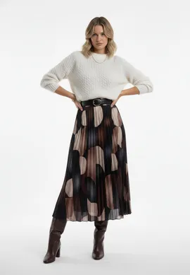 Plisowana spódnica midi o rozkloszowanym kroju - Z paskiem - Czarny M1253 r. L