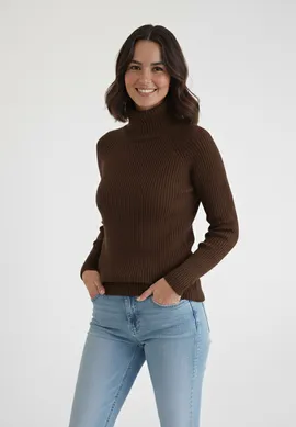 Gruby sweter z golfem - Sweter na zimę - Brązowy sweter damski M1267 r. L