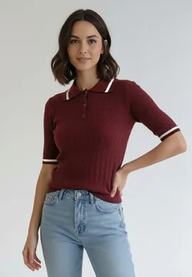 Koszulka polo damska - Sweter z kołnierzykiem - Bordowy sweter M1268 r. L