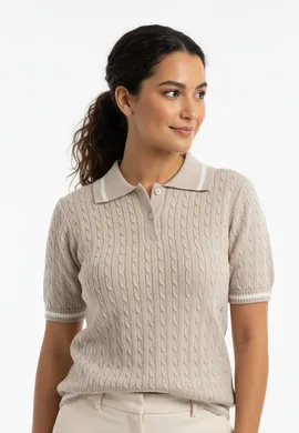 Koszulka polo damska - Sweter z kołnierzykiem - Beżowy sweter M1268 r. L