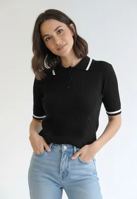 Koszulka polo damska - Sweter z kołnierzykiem - Czarny sweter M1268 r. L