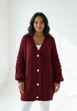 Kardigan z guzikami - Kardigan oversize - Bordowy kardigan M1270 r. L