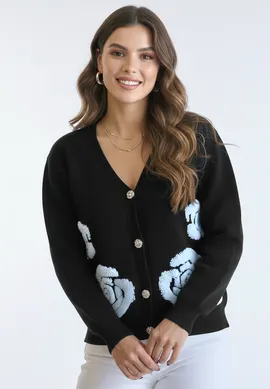 Kardigan w kwiaty 3d - Krótki sweter kardigan - Czarny kardigan M1275 r. L
