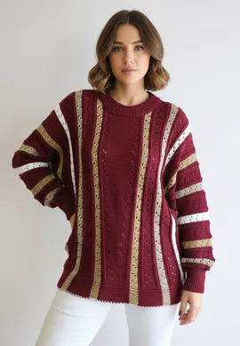 Sweter damski oversize - Ażurowy sweter damski - Bordowy sweter M1276 r. L
