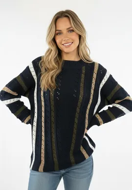 Sweter damski oversize - Ażurowy sweter damski - Granatowy sweter M1276 r. L