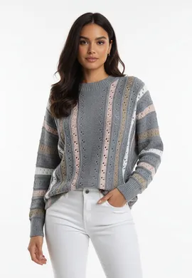 Sweter damski oversize - Ażurowy sweter damski - Szary sweter M1276 r. M