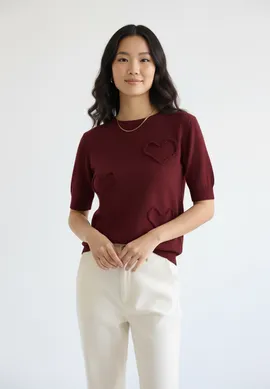 Sweter w serduszka damski - Sweter damski z krótkim rękawem - Bordowy M1278 r. S