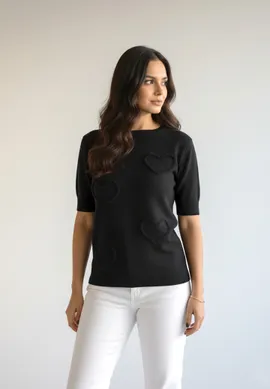 Sweter w serduszka damski - Sweter damski z krótkim rękawem - Czarny M1278 r. XL