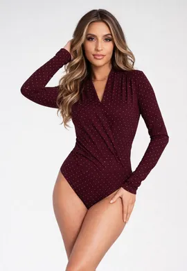 Bordowe body damskie w kropki z kopertowym dekoltem V i długim rękawem eleganckie - M1279, bordowy, L