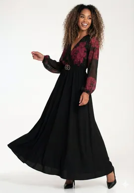 Czarna sukienka w czerwone kwiaty - Elegancka sukienka maxi M1283, rozmiar L