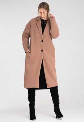 Elegancki płaszcz damski midi z kołnierzem zapinany na guziki, prosty lekko oversize - M1292, beżowy, uniwersalny