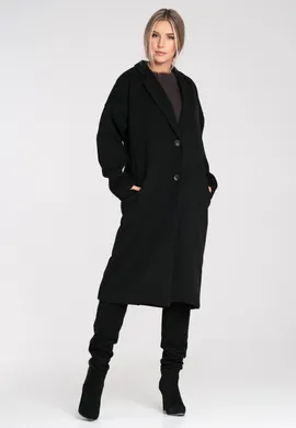 Elegancki płaszcz damski midi z guzikami i kieszeniami, klasyczny kołnierz, lekko oversize - M1292, czarny, uniwersalny