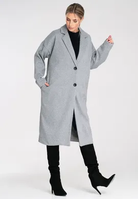 Elegancki szary płaszcz damski midi zapinany na guziki z kołnierzem i kieszeniami - M1292, szary, uniwersalny