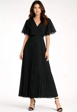 Czarna sukienka maxi kopertowa z dekoltem V i plisowanym dołem elegancka na wesele i wieczór - M1293, czarny, L/XL