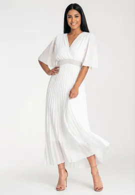 Elegancka biała sukienka kopertowa z plisowanym dołem i krótkim rękawem na wesele - M1294, biały, L/XL