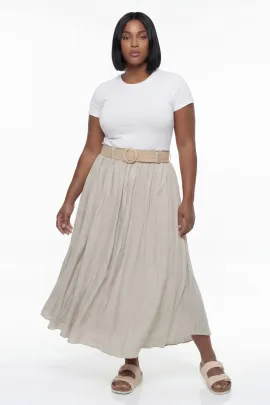 Elegancka rozkloszowana spódnica midi z wysokim stanem 100% wiskoza z kieszeniami i paskiem na wiosnę/lato - M1296, beżowa, XL