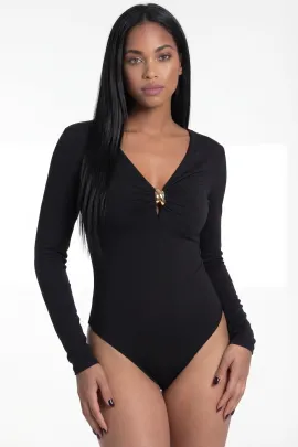 Damskie eleganckie body bandażowe z długim rękawem i dekoltem w serek na co dzień - M1308, czarny, L
