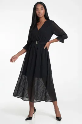 Elegancka sukienka kopertowa midi rozkloszowana czarna z paskiem rękaw 3/4 - M1310, czarny, L