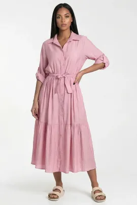 Elegancka sukienka koszulowa szmizjerka maxi z wiskozy z paskiem i kieszeniami na wiosnę i lato - M1312, różowa, L
