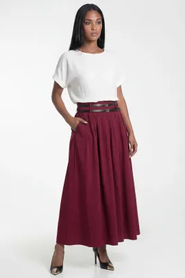 Elegancka rozkloszowana spódnica maxi z wysokim stanem i paskiem, kieszenie - M1326, bordowy, L
