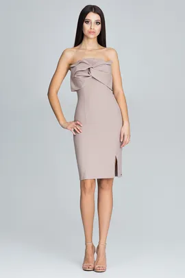 Elegancka wieczorowa sukienka bez ramiączek beżowa z kokardą - M571 rozmiar L