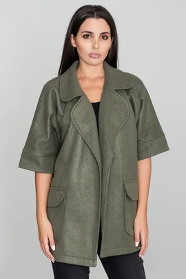 Elegancki oliwkowy płaszcz damski z kieszeniami na jesień i zimę M587 rozmiar Uniwersalny