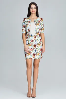 Komplet żakiet i spódnica - spódnica mini - krótki żakiet damski - biały w kwiaty M591 rozmiar L