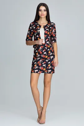 Komplet żakiet i spódnica - spódnica mini - krótki żakiet damski - czarny w kwiaty M591 rozmiar L