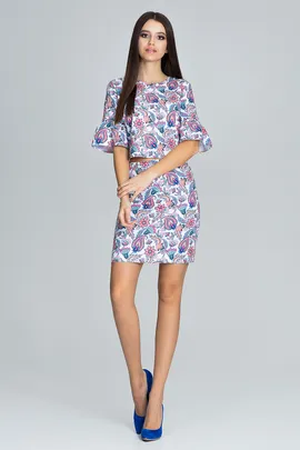 Komplet w kwiaty - bluzka z falbankami na rękawach - spódnica ołówkowa - biały M593 rozmiar L