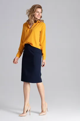 Elegancka koszula damska z dużym kołnierzykiem musztardowa M621 rozmiar L