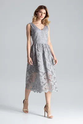 Szara koronkowa sukienka o długości 7/8 bez rękawów - M639 rozmiar L