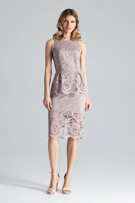 Koronkowa sukienka midi na ramiączkach beżowa - M640 rozmiar M