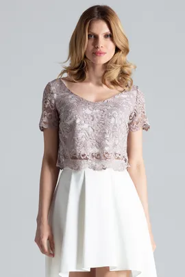 Komplet bluzka i spódnica - koronkowy top - asymetryczna spódnica - beż ecru M641 rozmiar L