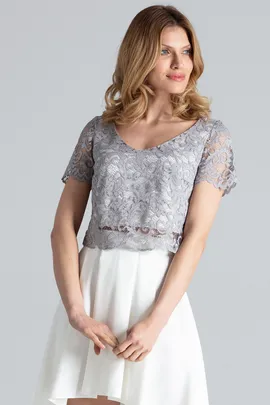 Komplet bluzka i spódnica - koronkowy top - asymetryczna spódnica - szary ecru M641 rozmiar L