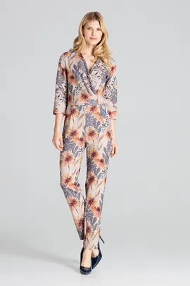 Kopertowy kombinezon damski - elegancki kombinezon w kwiaty beżowy M672 rozmiar L