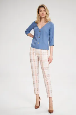 Eleganckie spodnie damskie z guzikami - spodnie damskie w kratkę M696 rozmiar L