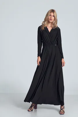 Elegancka czarna sukienka maxi z długim rękawem i dekoltem kopertowym - M705 rozmiar L